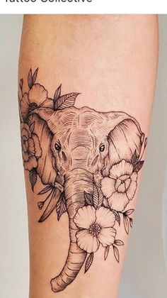 an elephant with flowers on it's leg and the words tattoo collective above it