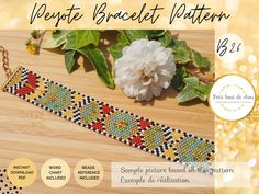 the beaded bracelet pattern is displayed on a wooden surface with flowers and beads around it