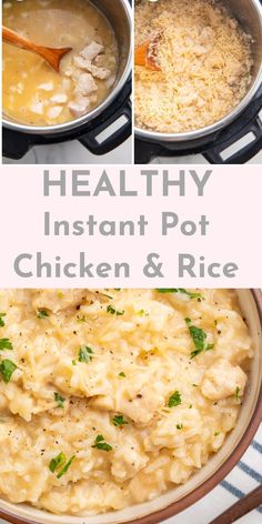 instant pot chicken and rice in a skillet with the words instant pot chicken and rice