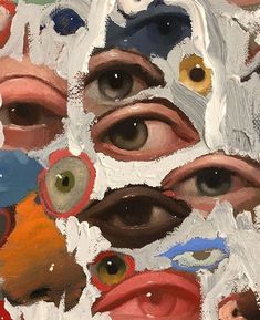 an abstract painting with many different colored eyes