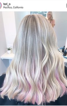 Blonde And Pink Extensions, Pink Hair Strands Blondes, Blonde With Light Pink Peekaboo, Blonde Hair With Pink Undertones, Subtle Light Pink Highlights In Blonde Hair, Blonde With A Pop Of Color, Platinum Blonde Hair With Pink Highlight, Blonde And Light Pink Hair