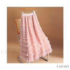 Lasaky - Exquisite Layered Tulle Maxi Skirt with Fairy-like Appeal Spring Pleated Tulle Bottoms, Pleated Tulle Party Bottoms, Party Ruffled Full Pleated Skirt, Party Pleated Full Skirt With Ruffles, Pleated Ruffled Full Skirt For Party, Flowy Pleated Party Skirt, Feminine Ruffled Maxi Skirt For Party, Spring Tulle Pleated Skirt, Pleated Flowy Party Skirt