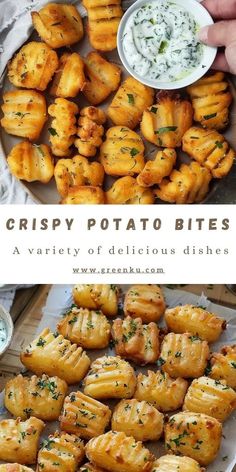 crispy potato bites on a plate with ranch dip in the middle and another image above