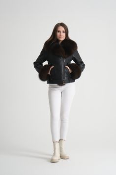 Indulge in luxury with our women's genuine leather jacket, featuring a sumptuous fox fur collar and cuffs, and a soft sheepskin lining. Designed to keep you warm even in the coldest weather, this 65 cm (approximately 26 inches) jacket ensures maximum comfort and style. The oversized fox fur collar adds a touch of elegance, while the belted design offers a flattering fit. Perfect for any winter occasion, this jacket will keep you warm and stylish all season long. Luxury Fitted Sheepskin Leather Jacket, Luxury Sheepskin Leather Jacket With Faux Fur Lining, Fitted Sheepskin Leather Jacket With Faux Fur Trim, Fall Luxury Leather Jacket With Faux Fur Trim, Luxury Fall Leather Jacket With Faux Fur Trim, Luxury Leather Jacket With Faux Fur Lining For Fall, Genuine Leather Jackets, Fur Collar, Fox Fur