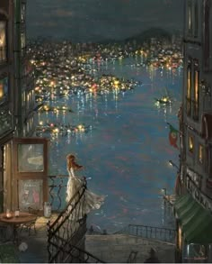 a painting of a woman standing on a balcony looking out at the water and buildings