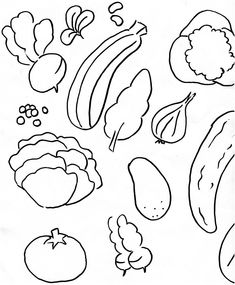 a black and white drawing of fruits and vegetables