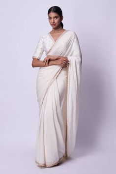 Cream silk crepe saree with sequins and zari hand embroidery. Comes with a padded pure raw silk blouse. - Aza Fashions Kavitha Gutta, Cream Saree, Raw Silk Blouse, Crepe Saree, Embroidered Saree, Cream Silk, Blouse For Women, Saree With Blouse, Silk Crepe