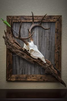 a deer skull mounted to the side of a wooden frame