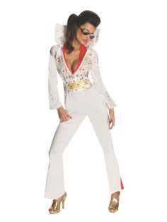 a woman in white elvis costume posing for the camera