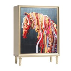 a cabinet with a horse painted on it's front and side panels in different colors