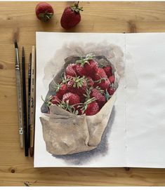 a drawing of strawberries in a paper bag