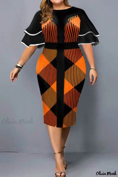 Olivia Mark - Flaunt Your Style with Professional Plus Size Black Orange Patchwork Flounce O Neck One-Step Dress Club Dresses Black, Elegant Dresses Plus Size, Steps Dresses, Plus Size Elegant Dresses, Short African Dresses, Skirt Plus Size, Layered Fashion, Half Sleeve Dresses, Stylish Plus