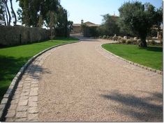 an empty driveway in the middle of a grassy area with trees and bushes on either side