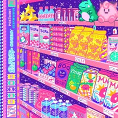 an image of a store shelf filled with different types of items and colors on it