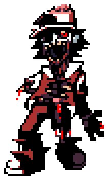 an old pixel art style character with red eyes and black hair, standing in front of a