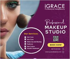 a woman with makeup brushes on her face and the words igrace professional makeup studio