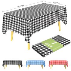 the tablecloth is shown with different colors and patterns, including black and white checkerboard