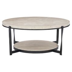 an oval coffee table with two shelves on each side