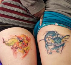 two people with pokemon tattoos on their legs, one has a pikachu and the other has a cat