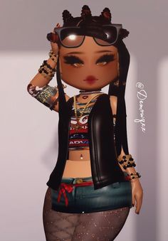 an animated girl with glasses and tattoos on her head is posing for the camera in front of a white wall