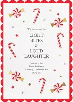 a red and white christmas party card with candy canes