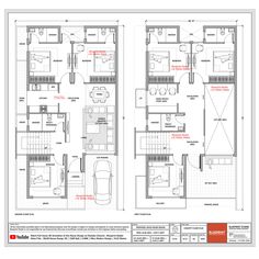 two story house plans with garage and living room in the middle, one bedroom on each floor