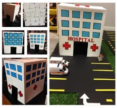 a collage of photos showing different types of hospital buildings