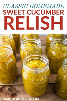 jars filled with pickle relish sitting on top of a wooden table