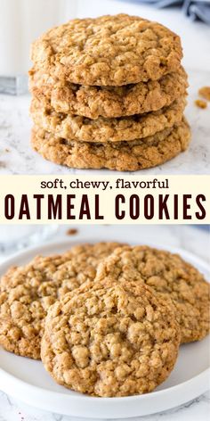 chewy oatmeal cookies stacked on top of each other with text overlay