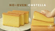 there is a cake that has been cut into pieces and placed on a plate with the words no - oven casteella above it