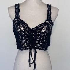 This Lace Up Top Is Perfect With An Under Layer Or Without Features: - Lace Up Detail - Scallop Detail Straps & Hem - Lattice Lace Throughout Black Lace Top With Crochet Details, Fitted Black Top With Crochet Lace, Black Fitted Crochet Lace Top, Fitted Black Crochet Lace Top, Black Crochet Lace Tops For Vacation, Black Lace Crop Top For Summer, Black Crochet Lace Crop Top For Summer, Black Crochet Lace Tops For Summer, Black Fitted Crochet Top For Summer