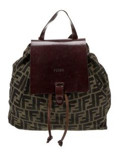 Fendi BackpackBrown CanvasPrintedZucca FF LogoSilver-Tone HardwareLeather TrimFlat Handle & Dual Adjustable Shoulder StrapsLeather Trim EmbellishmentUnlined & Single Interior PocketFlap & Drawstring Closures at Front Handbag Backpack, Print Patterns, Fendi, Women Handbags, Backpacks, Handbags