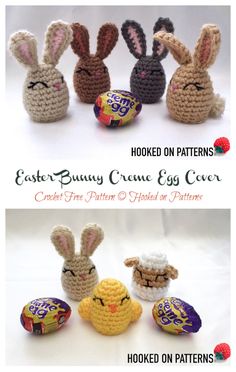 crocheted easter eggs with bunny faces on them