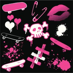 pink and white graffiti on black background with skulls, skateboards, crossbones and hearts