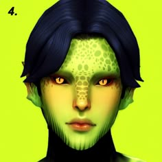 a digital painting of a young man with green skin and black hair, his eyes are yellow