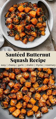 roasted butternut squash recipe in a white bowl and on a plate with spoons