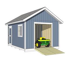 a blue shed with a green tractor in it