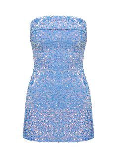 Sequin mini dress  Strapless, folded detailing at bust, inner silicone strip at bust, adjustable band at back, partially open back, invisible zip fastening at back   Non-stretch material, fully lined  Princess Polly Lower Impact  Face: 100% reclaimed PET, Backing: 98% polyester 2% elastane, Lining: 95% reclaimed polyester 5% elastane   Cold hand wash inside out Light Blue Stretch Mini Dress, Stretch Light Blue Mini Dress, Backless Light Blue Mini Dress For Party, Light Blue Backless Mini Dress For Party, Light Blue Mini Dress For Evening, Blue Stretch Strapless Dress For Party, Light Blue Mini Bodycon Party Dress, Light Blue Bodycon Mini Dress For Party, Blue Party Bodycon Dress With Back Zipper