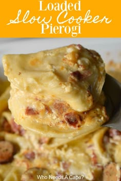 a close up of food on a spoon with the words loaded slow cooker pier