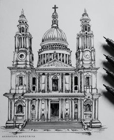 a drawing of a building with two towers and a clock on the front, surrounded by pencils