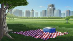 an image of a picnic blanket and cooler on the ground in front of a city