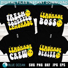 three lemonade crew shirts with the words fresh squeezed and lemonade on them