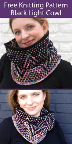 a woman wearing a knitted cowl with the text free knitting pattern black light cowl