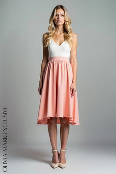 Olivia Mark - Elegant Blush and Ivory Midi Dress with Flared Skirt - A Sophisticated Silhouette White A-line Dress With Flowy Skirt, Feminine A-line Dress With Lined Skirt, Chic Pink Dress With Lined Skirt, Chic Pink Dress With Flared Skirt, Pink Flared Skirt Dress For Spring, Feminine Skirted Dress For Party, Elegant Pink Flared Dress, White Full Skirt Bridesmaid Dress, Summer Bridesmaid Dresses With Full Skirt