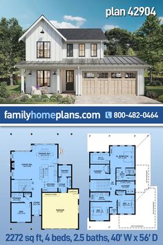 two story house plan with 2 car garage and living room, attached to the second floor