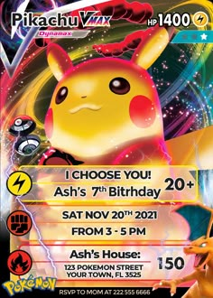 pokemon birthday party flyer with pikachu