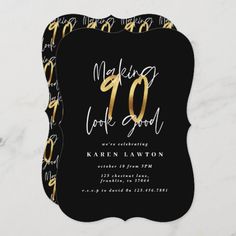 a black and gold birthday party card with the words making 10 look good on it