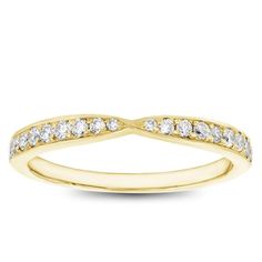 a yellow gold wedding band with white diamonds