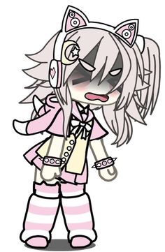 a drawing of a cat girl in pink and white striped pants with her eyes closed