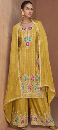 Yellow color Salwar Kameez in Silk fabric with Embroidered, Thread work Wedding Salwar Kameez, Plazzo Suits, Salwar Suits Online, Palazzo Suit, Readymade Saree, Patiala Salwar, Shalwar Kameez, Clothing Websites, Designer Dresses Indian